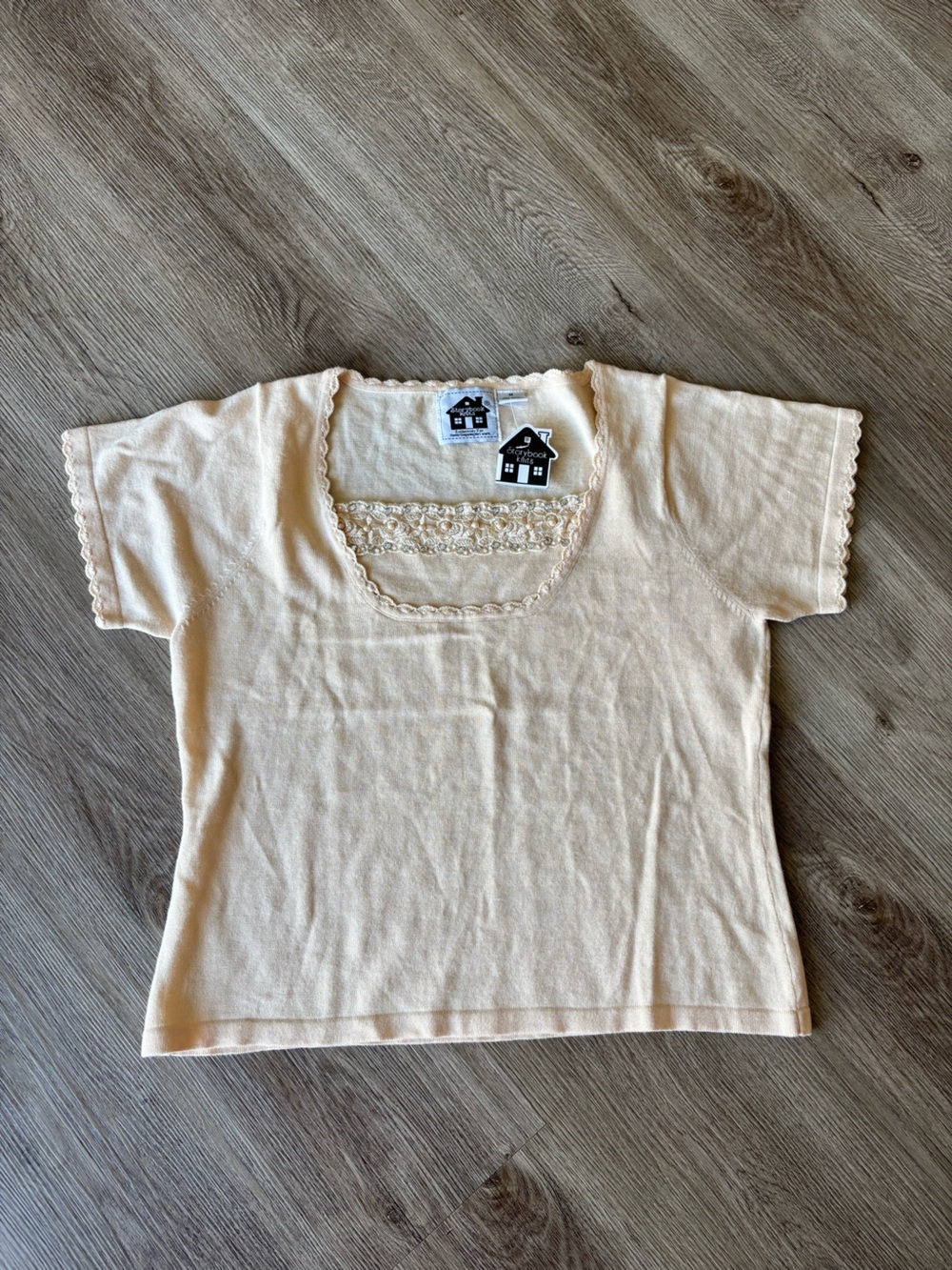 Storybook Knits Cream Lace-Trim Short Sleeve Top